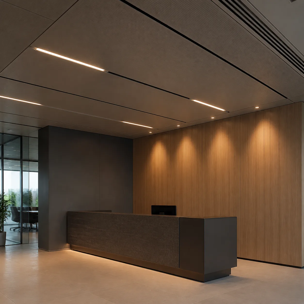 Commercial ceiling with low glare linear lighting over a reception area