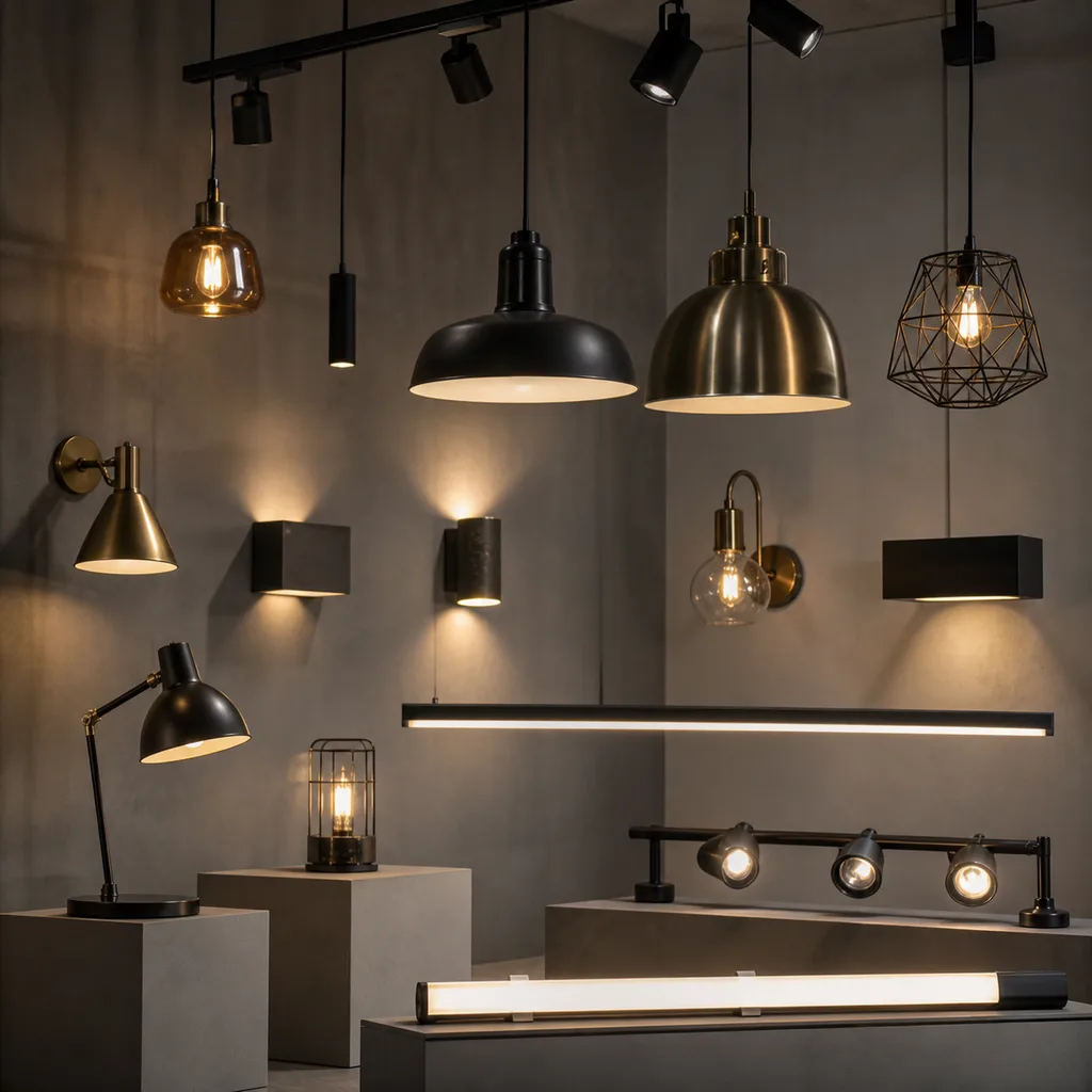 Layered lighting fixtures glowing on an editorial grayscale wall