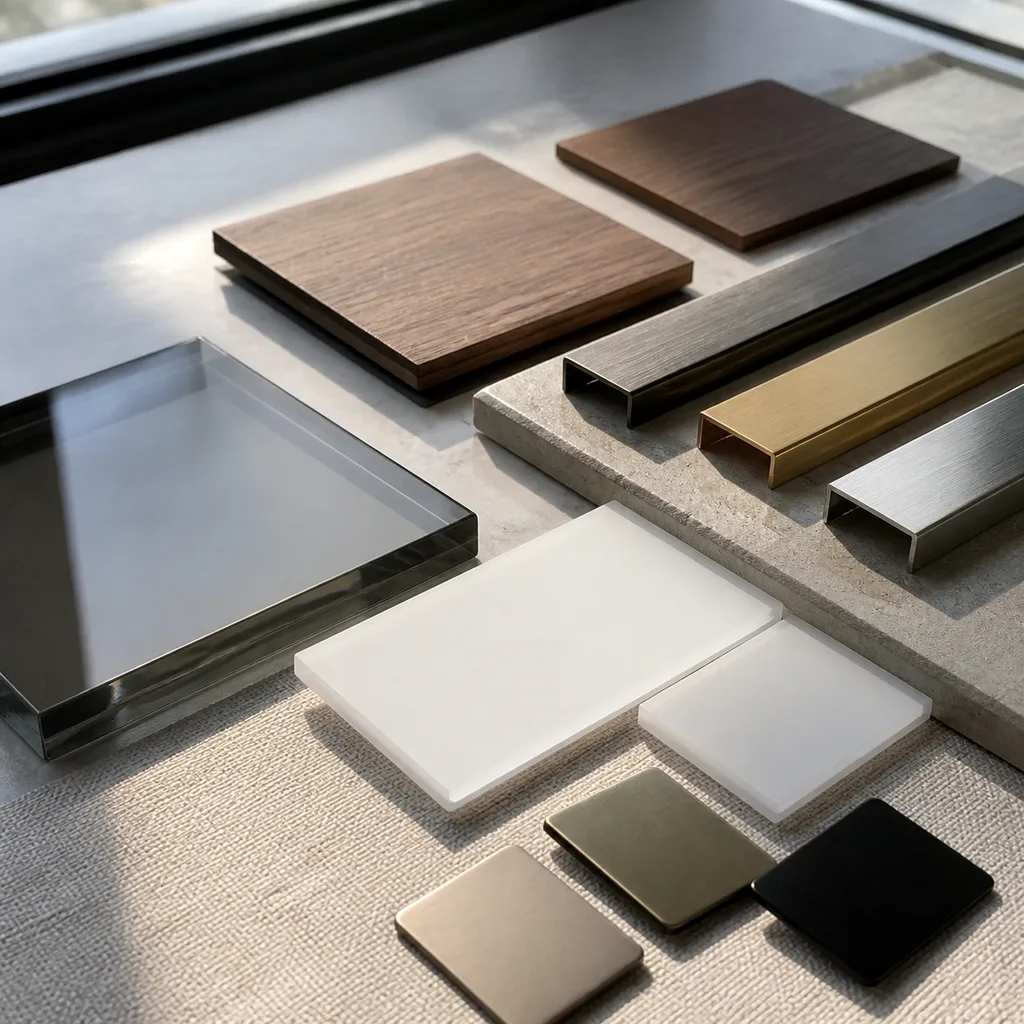 Lighting finish swatches and diffuser materials arranged on a worktable