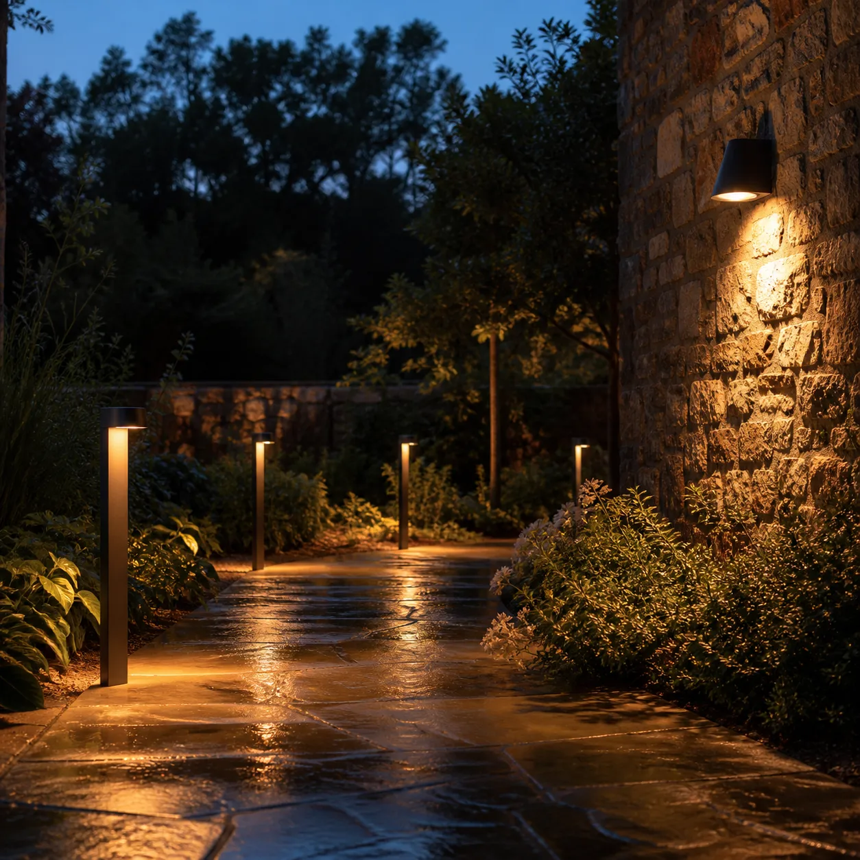 Outdoor path lights casting warm pools along an evening walkway
