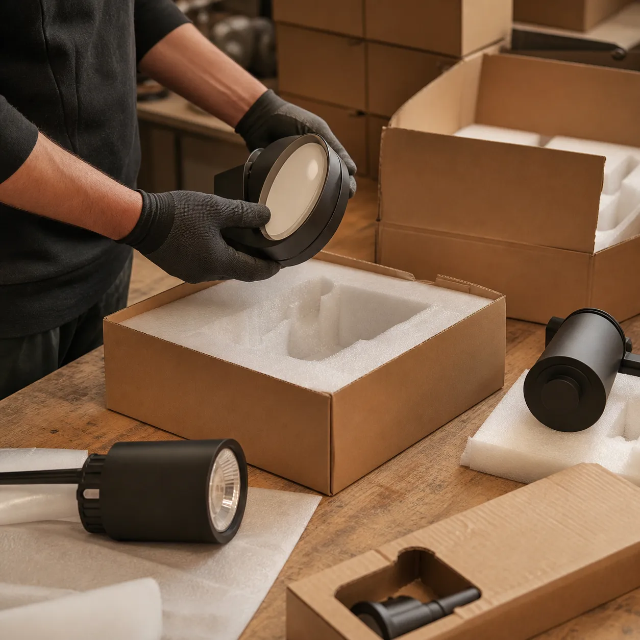 Lighting fixtures packed on a clean shipping bench with cartons and foam inserts