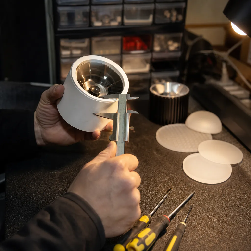 Hands checking a lighting fixture on a workbench with tools and lens swatches